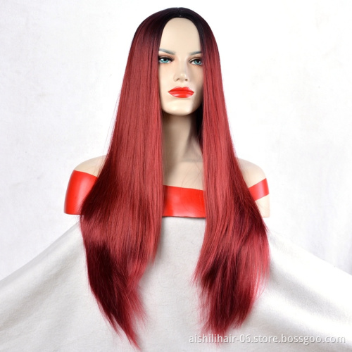Aishili Black and red color long synthetic wigs natural straight and Silky straight hair for Mature woman Wholesale fashion wig